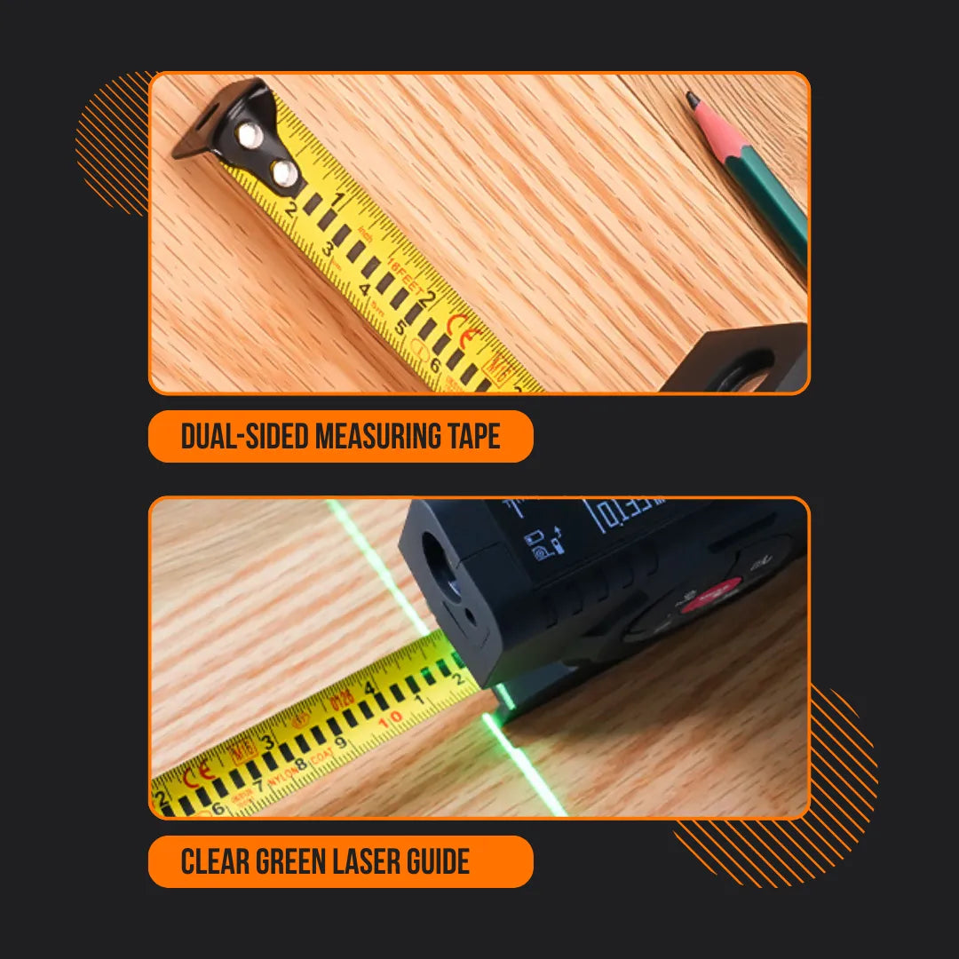 Dual-sided measuring tape and laser guide on wood surface with pencil