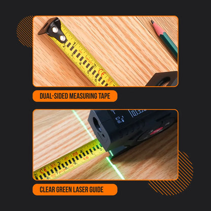 Dual-sided measuring tape and laser guide on wood surface with pencil