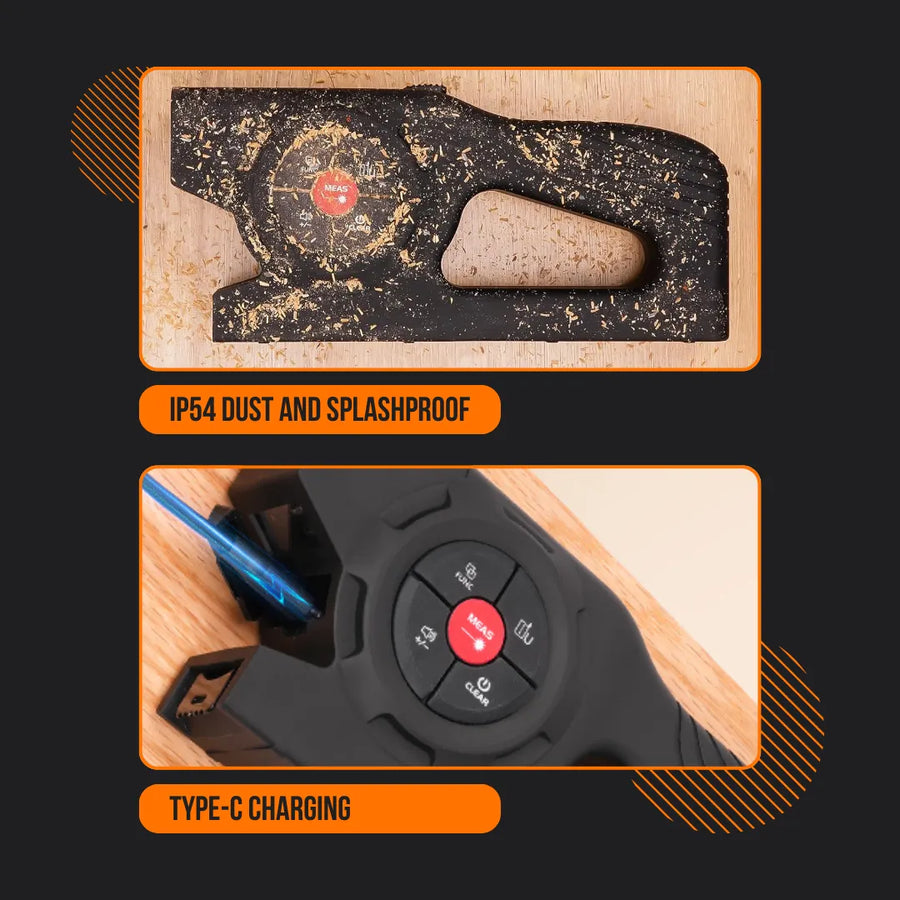 IP54 dustproof measuring tool with sawdust on workbench and Type-C charging port