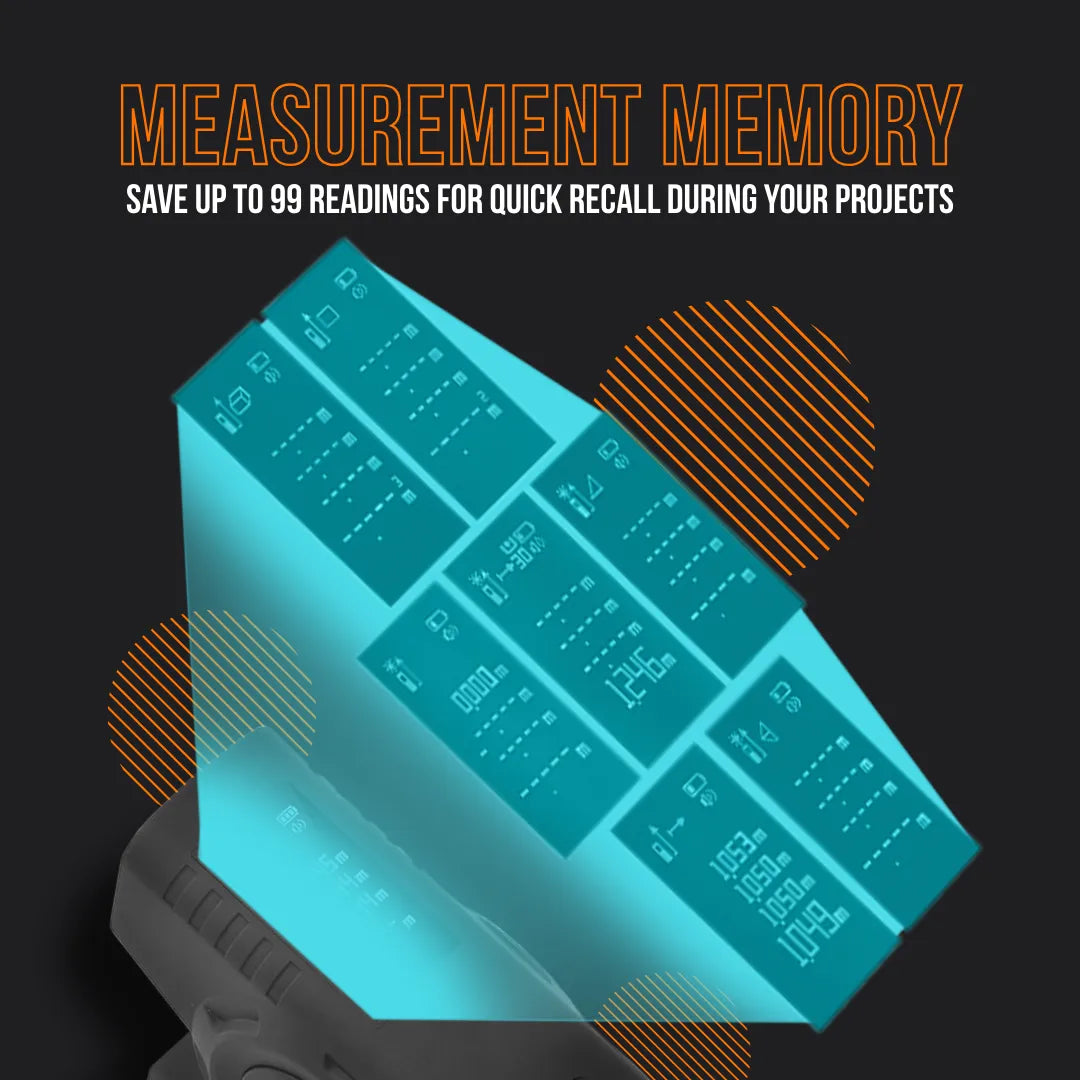 Digital ruler measurement memory screen with blue display and text promoting 99 saved readings