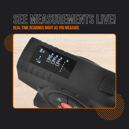 Digital tape measure with LCD screen displaying real-time measurements on wood surface