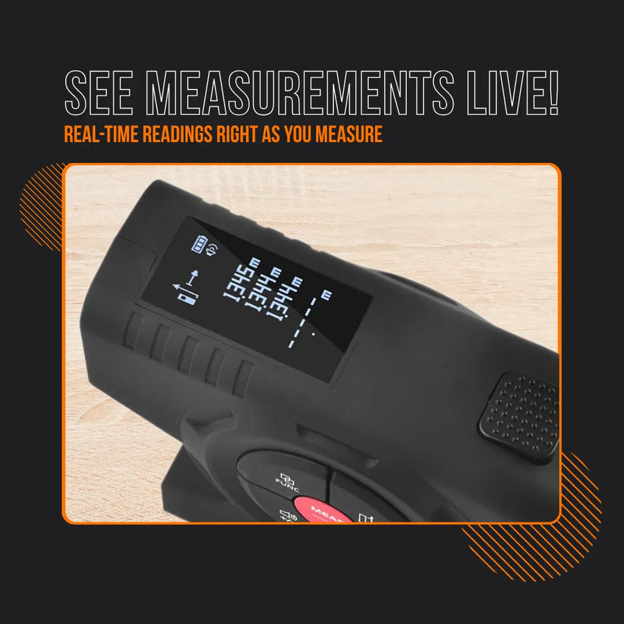 Digital tape measure with LCD screen displaying real-time measurements on wood surface