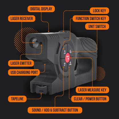 Digital laser measuring tool with labeled buttons, USB port, and tapeline on black background