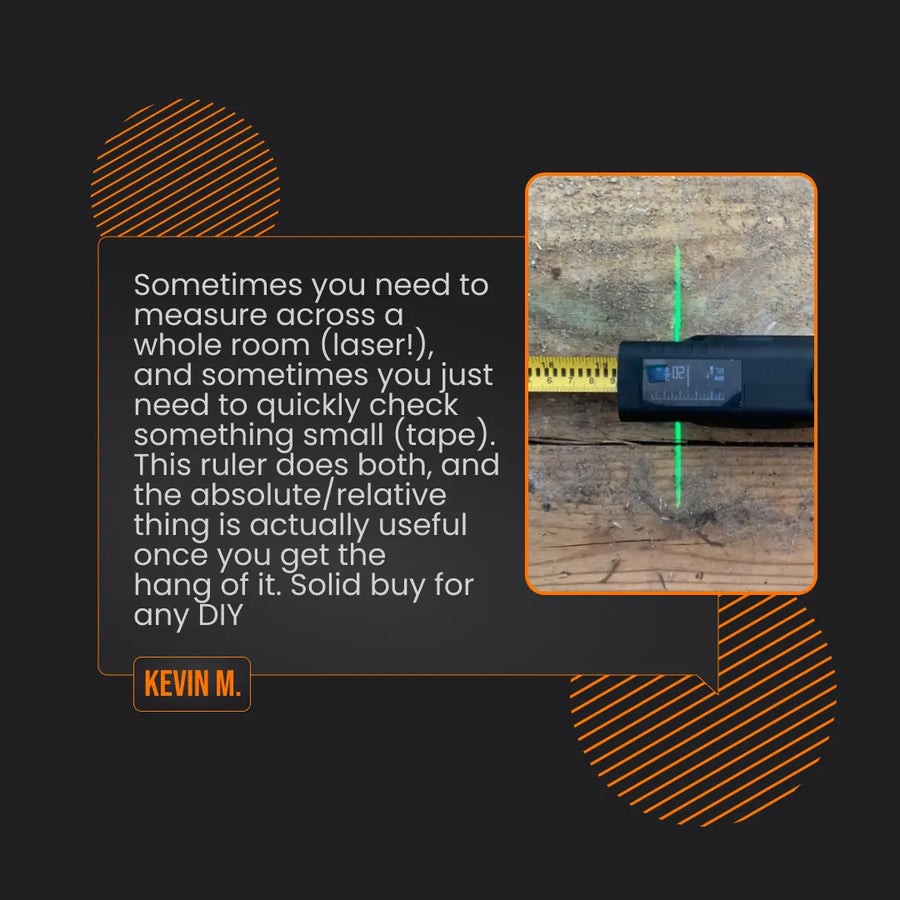 Digital laser tape measure ruler with green laser line on wood, user testimonial on functionality