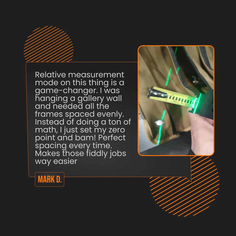 Hand holding digital tape measure with green laser, customer review for measurement tool