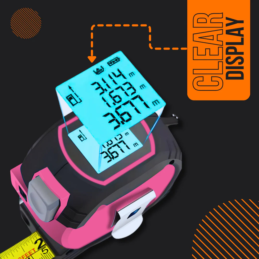 Pink digital tape measure with clear LCD display and highlighted measurement screen
