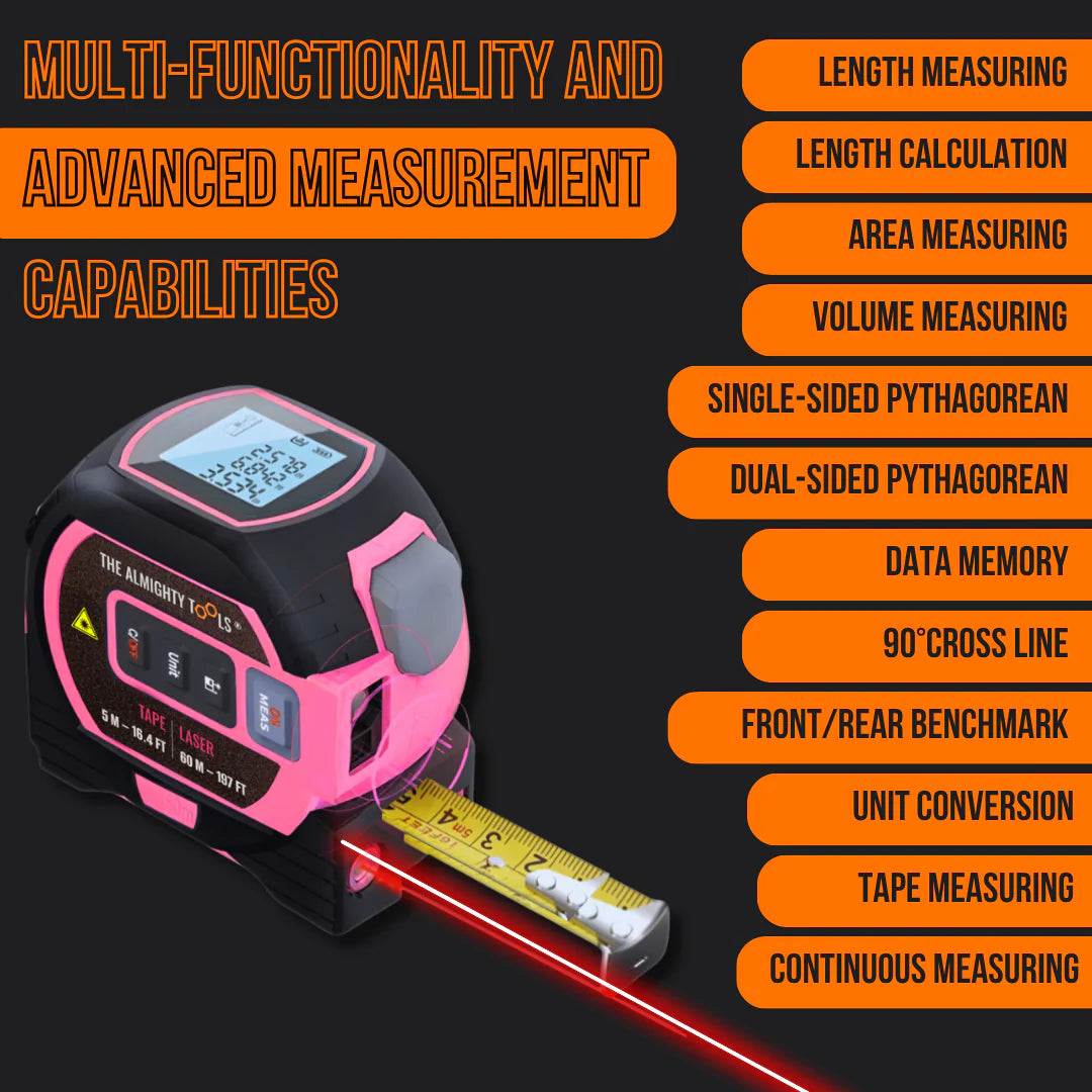 Digital laser tape measure in pink with LCD screen, laser guide, and measurement features list.