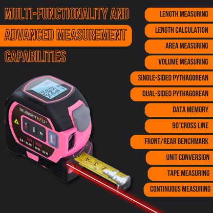 Digital laser tape measure in pink with LCD screen, laser guide, and measurement features list.