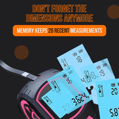 Digital laser tape measure with memory display, pink and black design, on black background