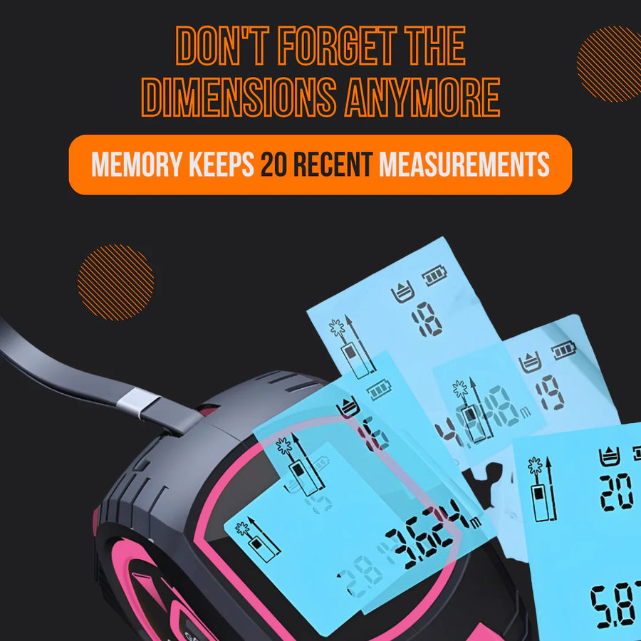 Digital laser tape measure with memory display, pink and black design, on black background