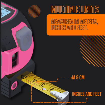 Pink digital tape measure showing metric and imperial units on black background.