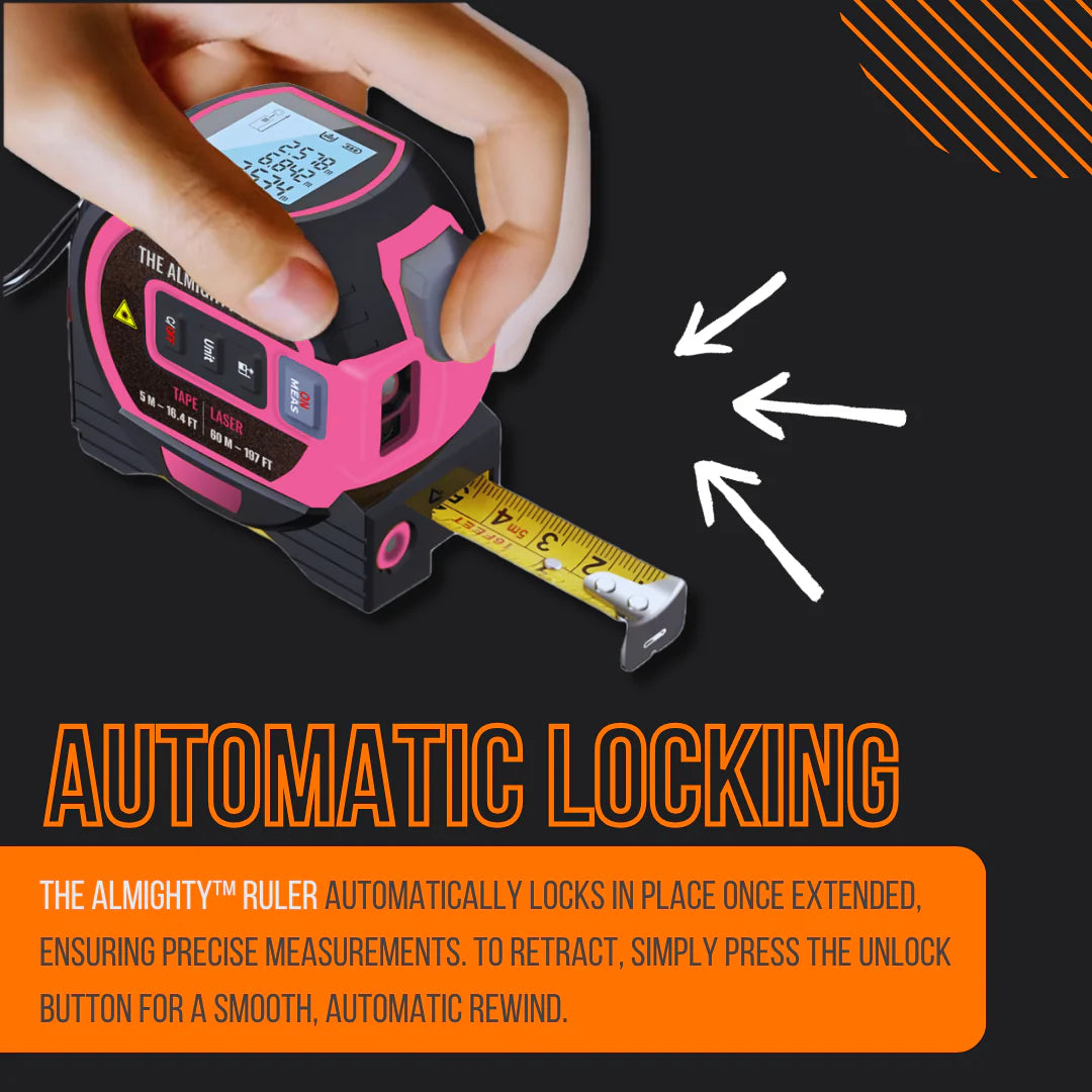 Hand holding pink Almighty Ruler laser tape measure with digital display and automatic locking.