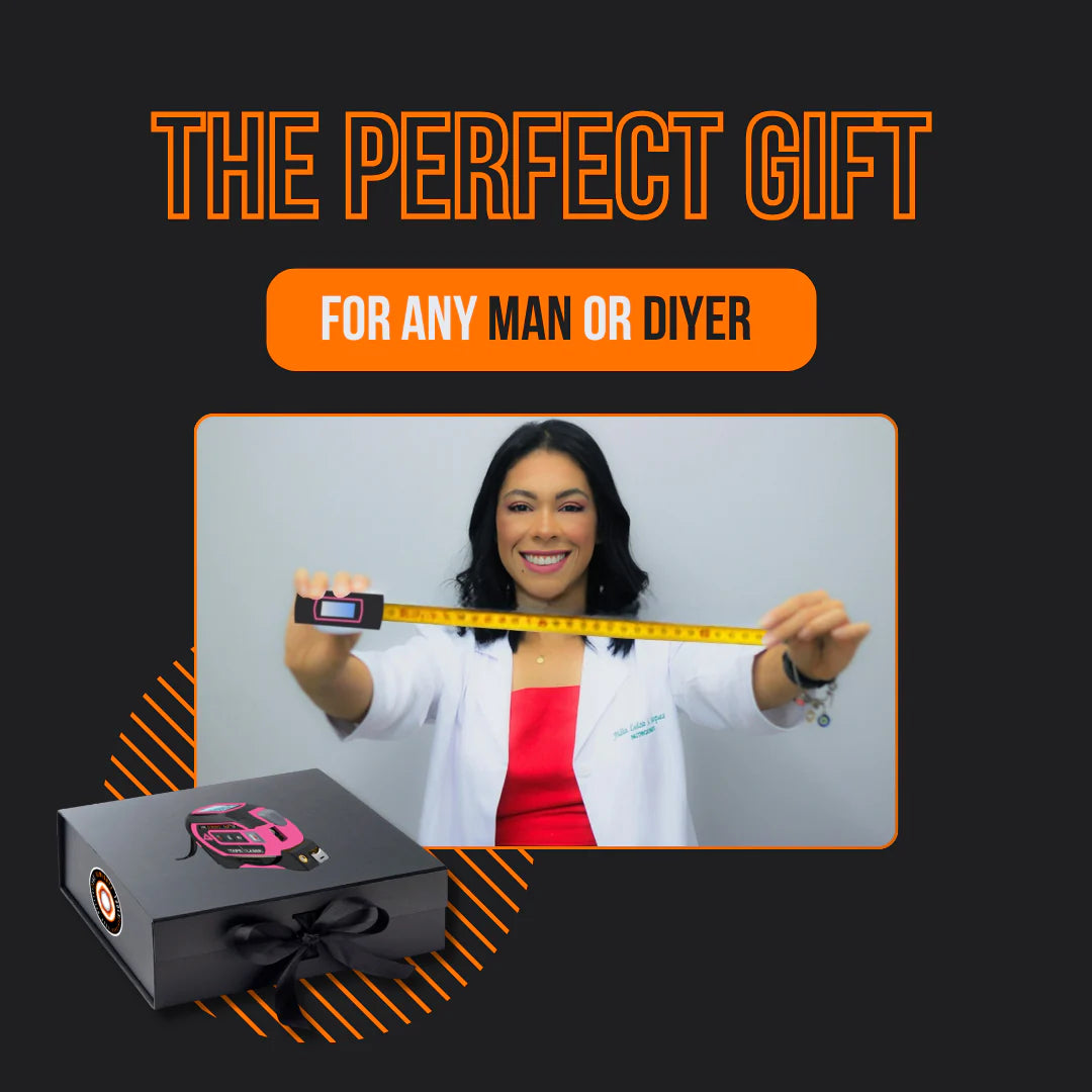 Woman holding yellow tape measure, gift box, text 'The Perfect Gift for Any Man or DIYer'
