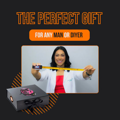 Woman holding yellow tape measure, gift box, text 'The Perfect Gift for Any Man or DIYer'