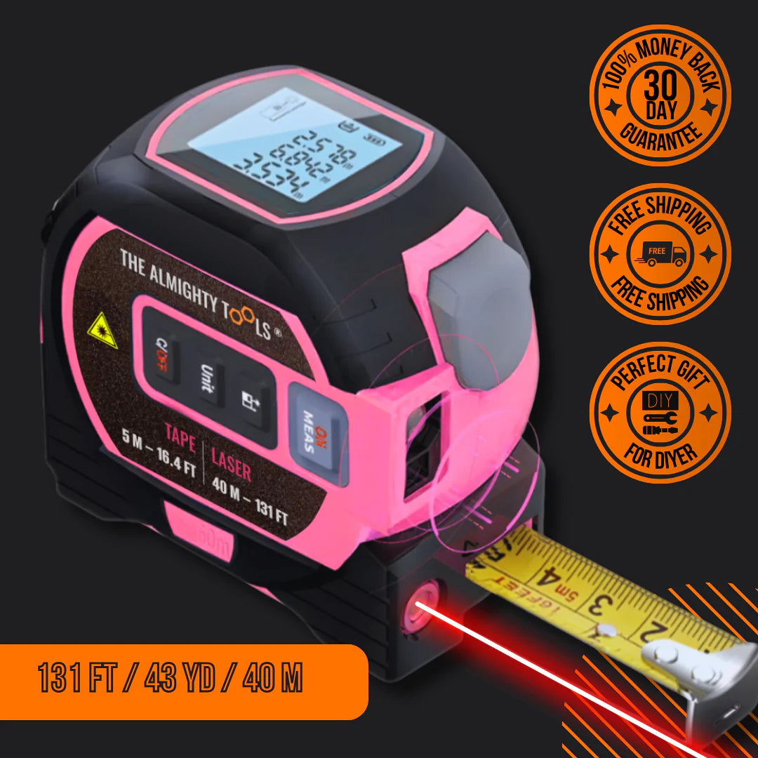 Pink digital laser tape measure with LCD screen, DIY tool, 131 ft range, and shipping badges