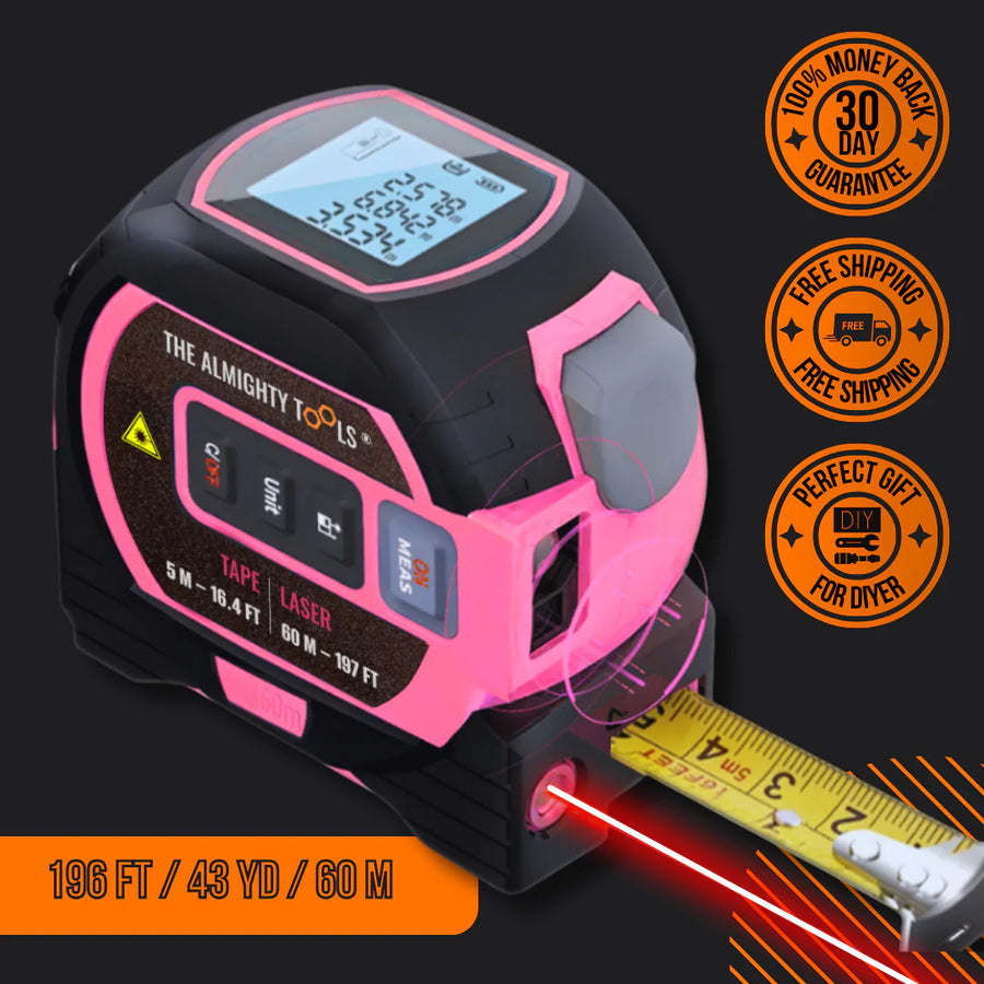 Pink digital laser tape measure tool with LCD screen, tape, and laser, on black background