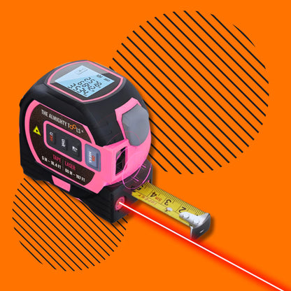 Pink digital laser tape measure with LCD display on orange geometric background.