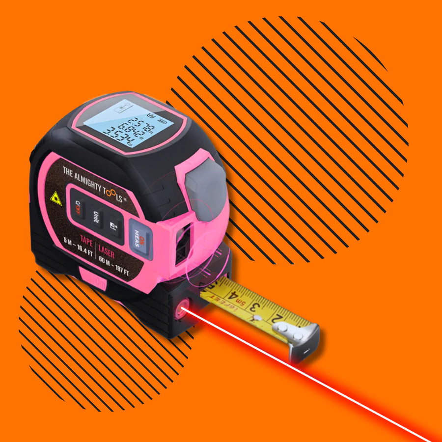 Pink digital laser tape measure with LCD display on orange geometric background.