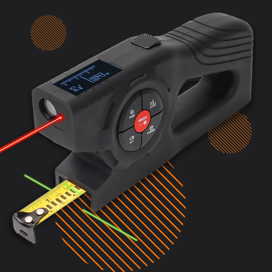 Digital laser tape measure with LCD display and red laser pointer on black background