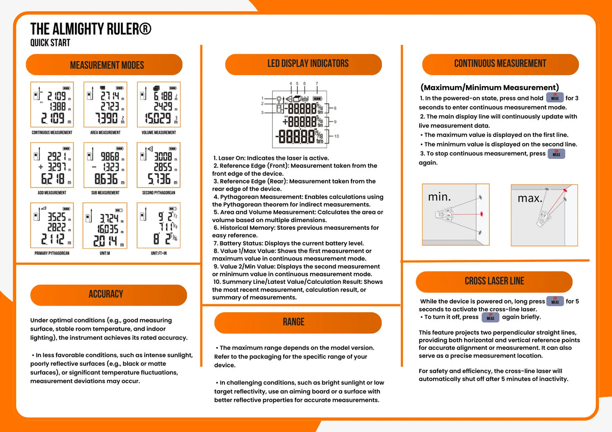 Instructional manual for The Almighty Ruler with measurement modes, display indicators, and usage instructions.
