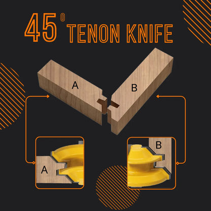 45 degree tenon knife for woodworking, wood joint pieces labeled A and B, tool close-ups