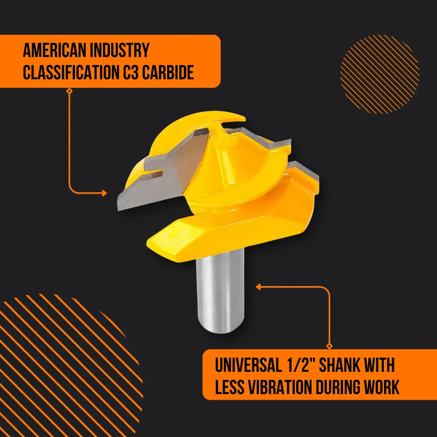 C3 carbide router bit with yellow coating and universal 1/2 inch shank on black background