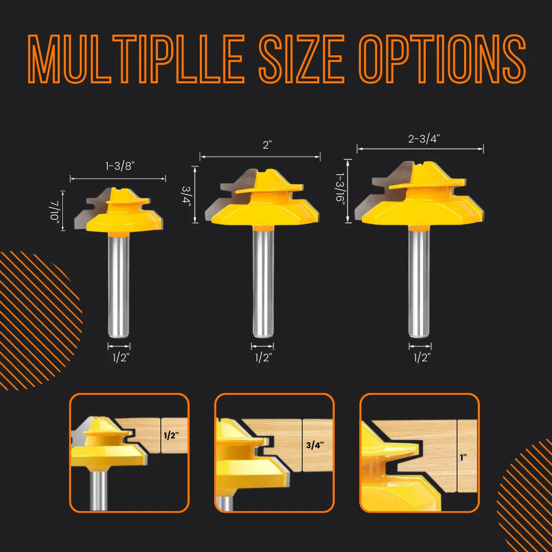Three yellow woodworking router bits with 1/2 inch shank, multiple size options shown.