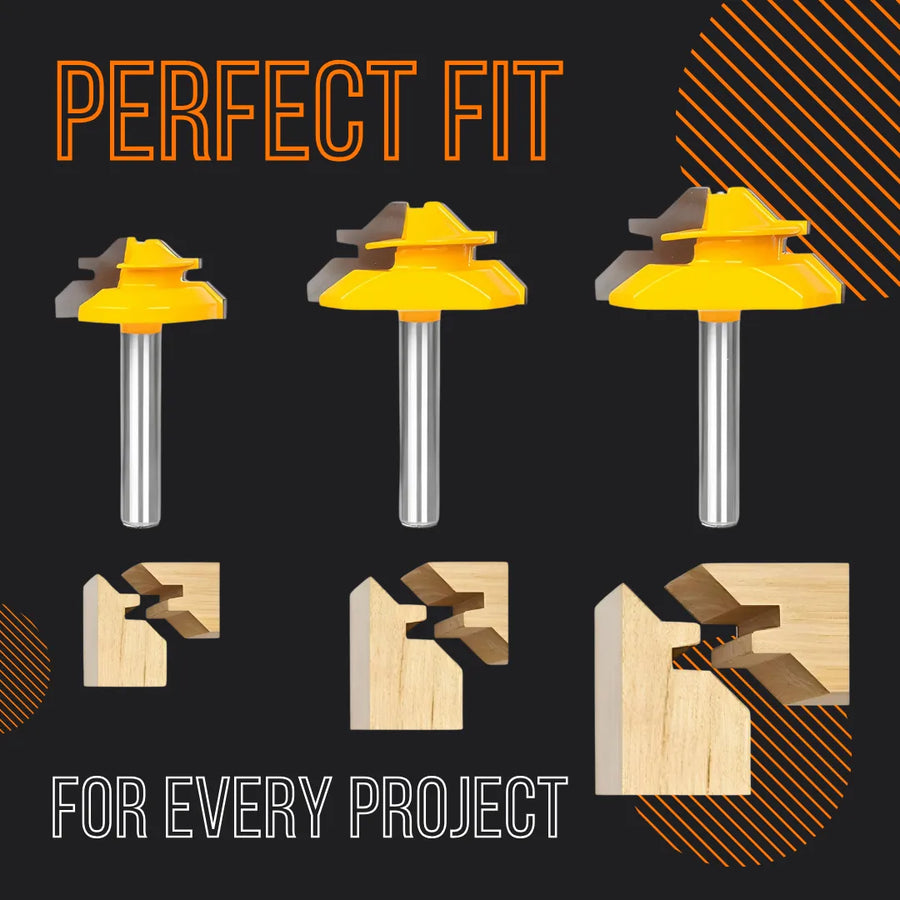 Three yellow woodworking router bits with wooden joint samples on black background, perfect fit tools for projects.