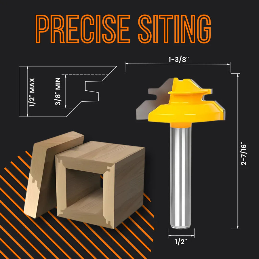 Router bit with precise joinery measurements, wooden box joints, and orange detailing.