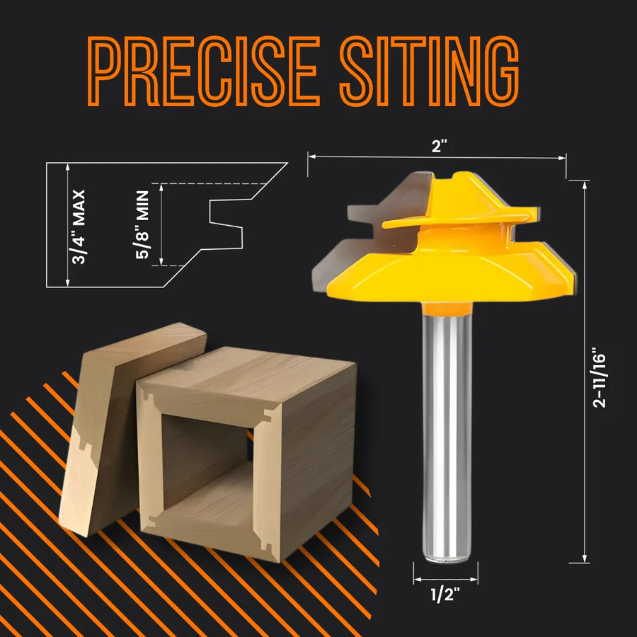 Yellow router bit with dimensions, wooden joint samples, and precise fitting diagram.