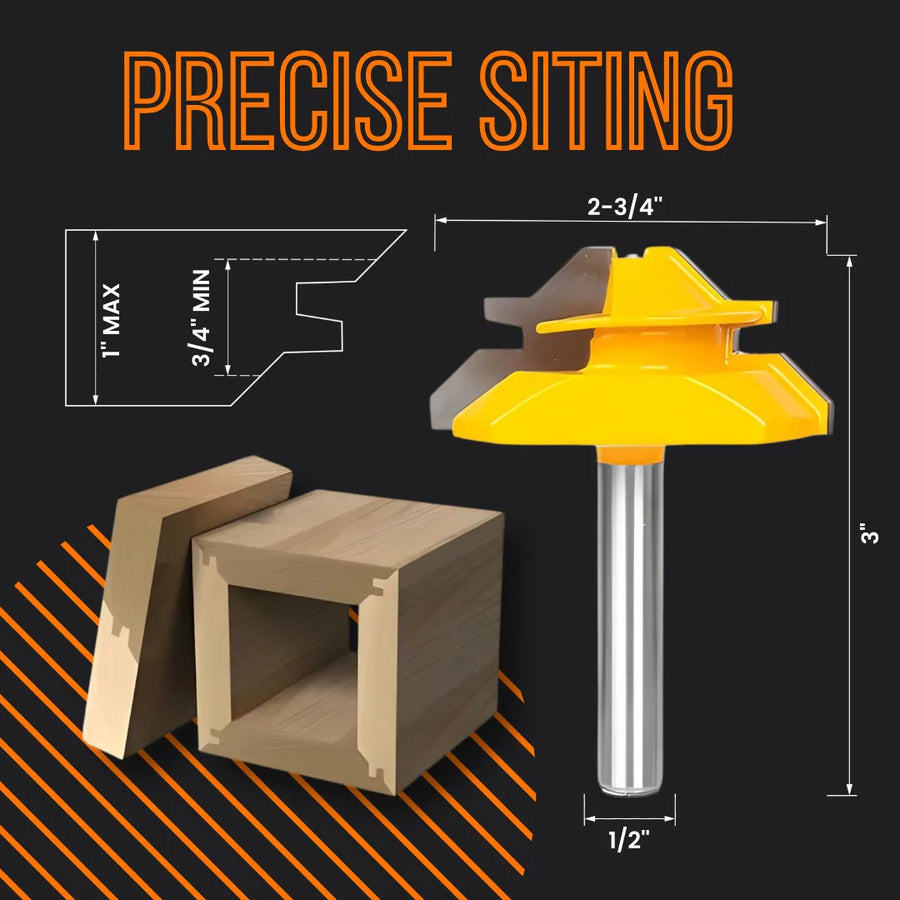 Yellow router bit for woodworking joinery, precise siting, with wood joint sample and measurements