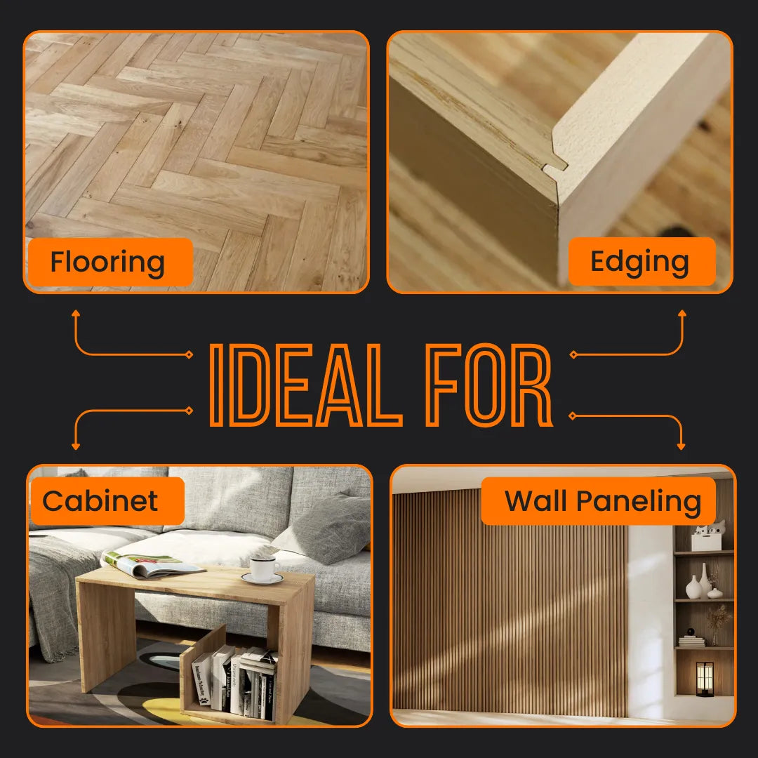 Woodworking uses for flooring, edging, cabinet, and wall paneling in modern interiors