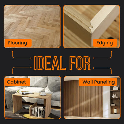 Woodworking uses for flooring, edging, cabinet, and wall paneling in modern interiors