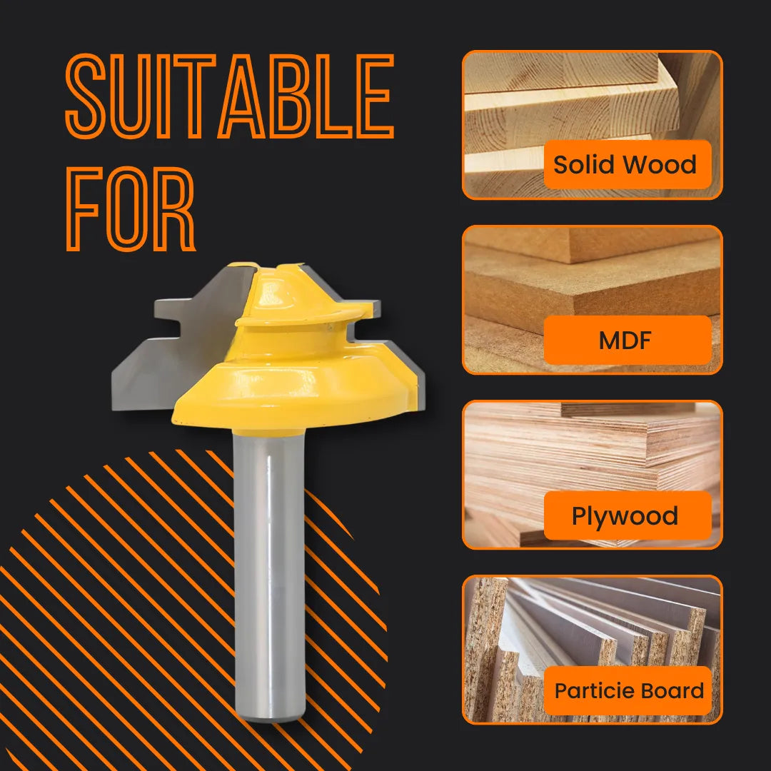 Yellow router bit for woodworking, suitable for solid wood, MDF, plywood, and particle board.