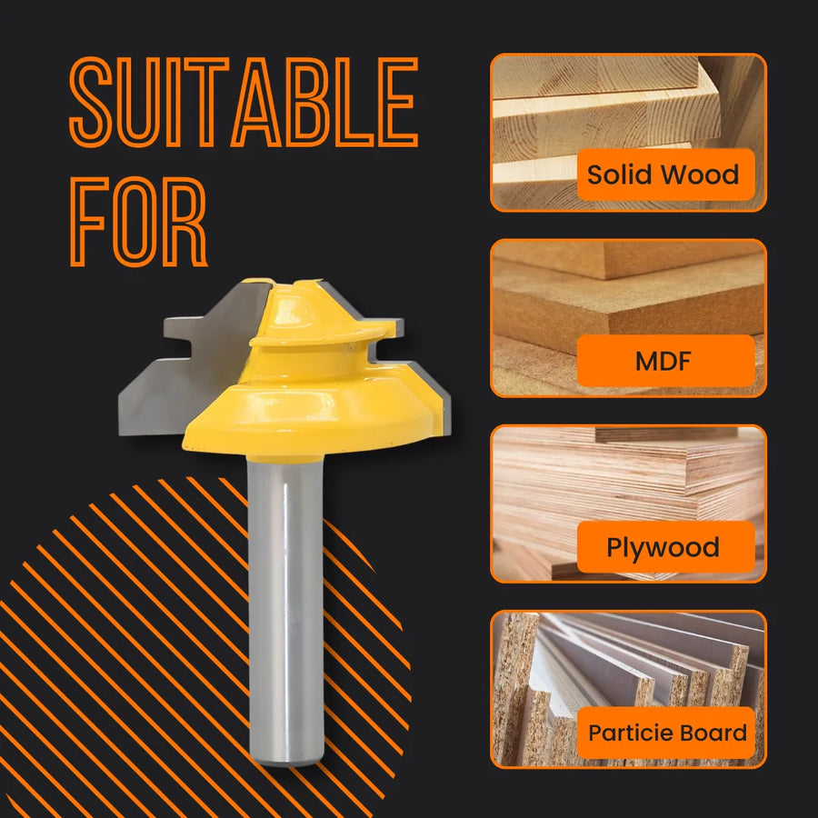 Yellow router bit for woodworking, suitable for solid wood, MDF, plywood, and particle board.