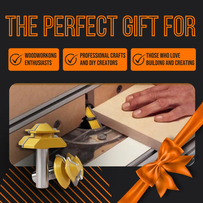 Yellow woodworking router bits with hand guiding wood, perfect gift for woodworking enthusiasts.