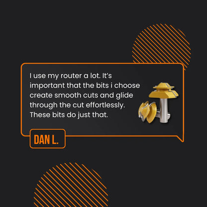 Testimonial quote about router bits with image of yellow router bits on black background