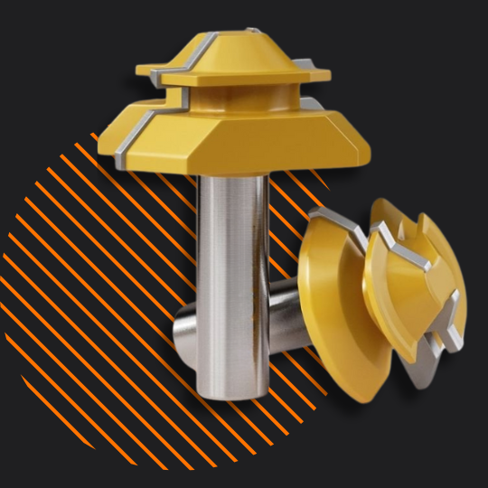 Yellow woodworking router bits with carbide tips on black background with orange stripes