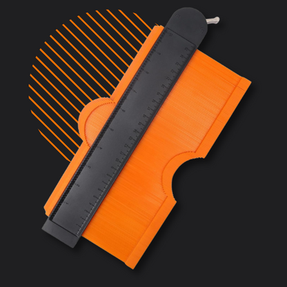 Orange plastic contour gauge tool with black ruler on a dark background