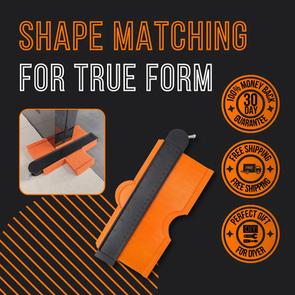 ShapeMaster orange contour gauge tool for DIY, shown matching shapes, with money-back guarantee and free shipping badges.