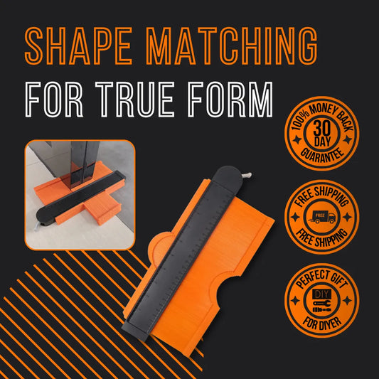 ShapeMaster orange contour gauge tool for DIY, shown matching shapes, with money-back guarantee and free shipping badges.