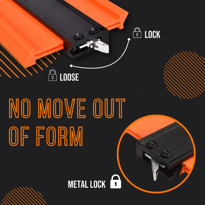 Orange plastic contour gauge tool with metal lock, lock and loose settings, on black background