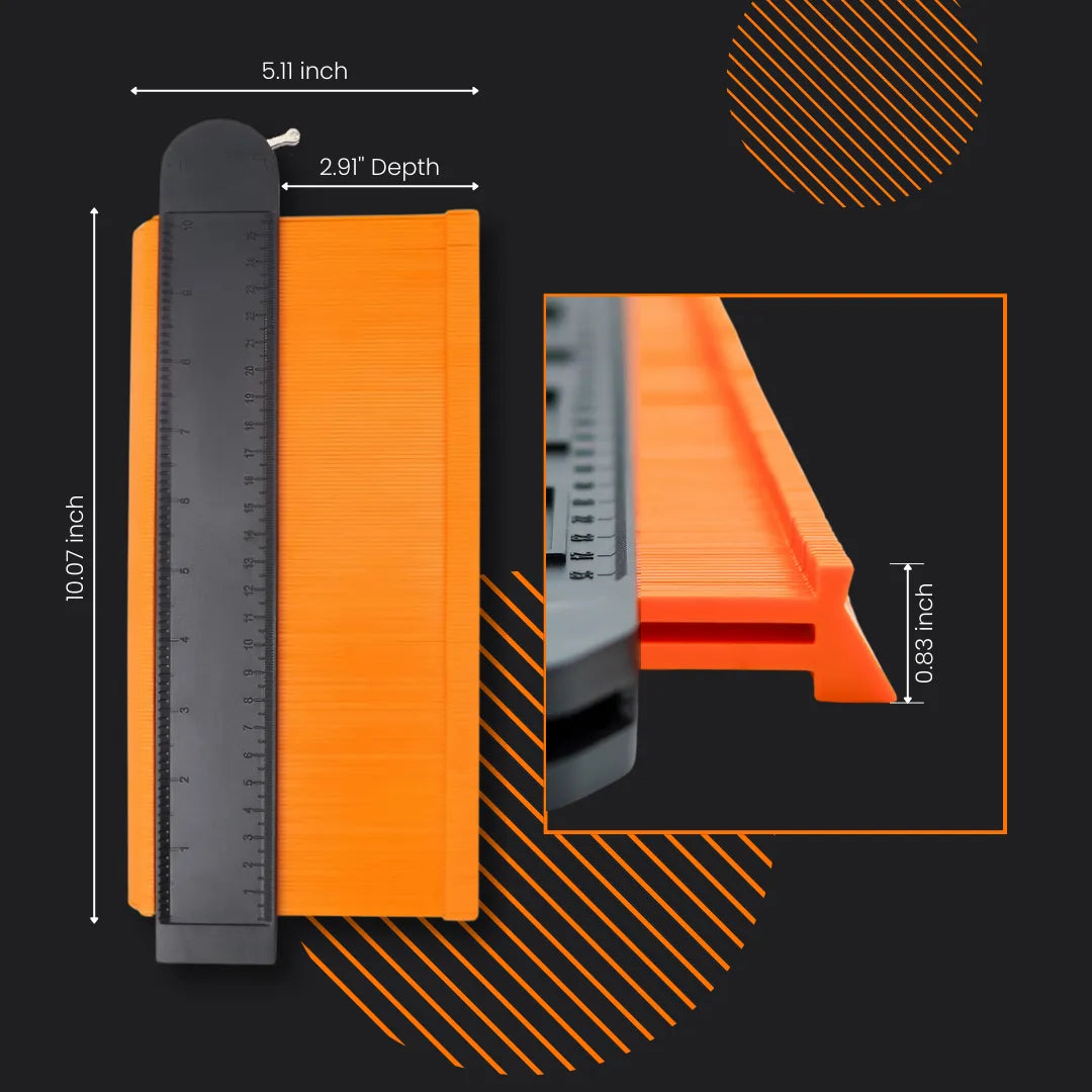 Orange ShapeMaster contour gauge with ruler, showing 10.07 x 5.11 inch measurements