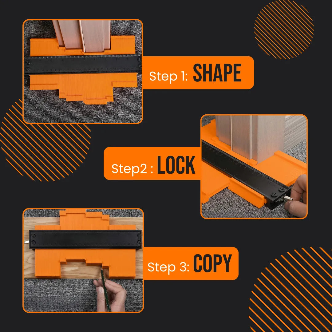 Contour gauge tool steps demonstration for shaping, locking, and copying profiles on surfaces.