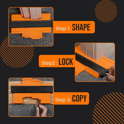 Contour gauge tool steps demonstration for shaping, locking, and copying profiles on surfaces.