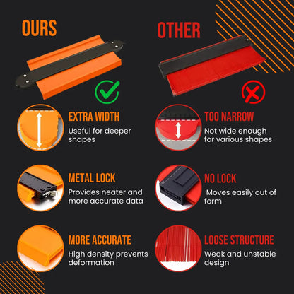 Comparison of ShapeMaster contour gauge tool with extra width, metal lock, and accuracy features versus a standard narrow, no-lock gauge.