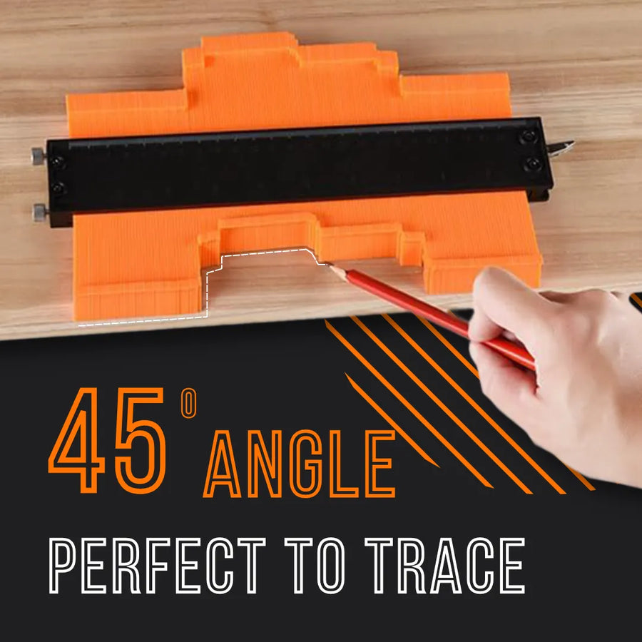 ShapeMaster contour gauge tool tracing 45 degree angle on wood for precise carpentry