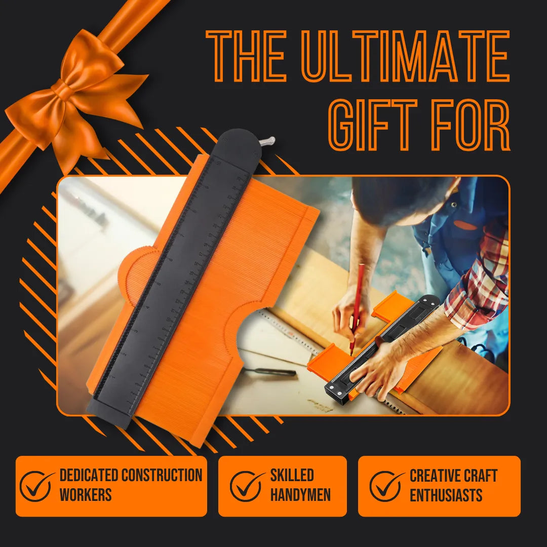 Contour gauge tool on a workbench, labeled as the ultimate gift for construction workers, handymen, and craft enthusiasts.