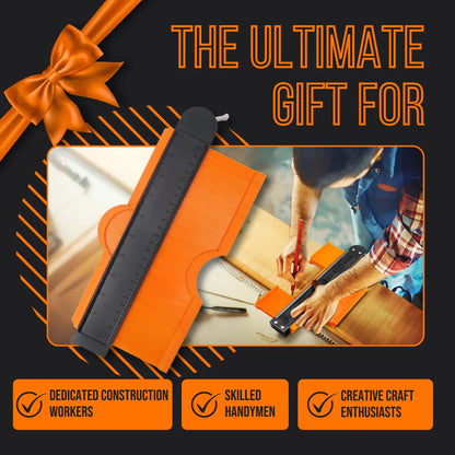 Contour gauge tool on a workbench, labeled as the ultimate gift for construction workers, handymen, and craft enthusiasts.
