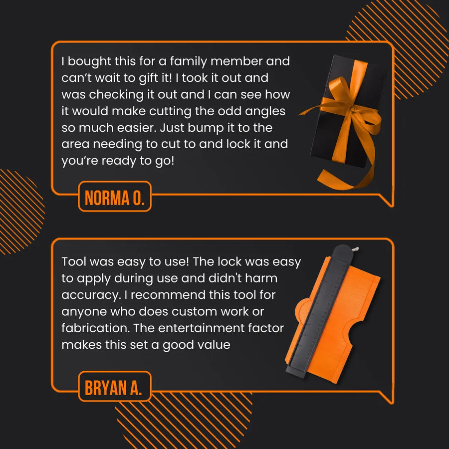 ShapeMaster tool reviews with orange and black packaging and customer testimonials.